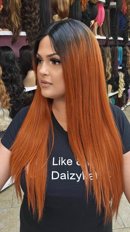 #28 Ivy-Middle Part No Lace Front Wig Human Hair Blend - Color 1B/ORANGE