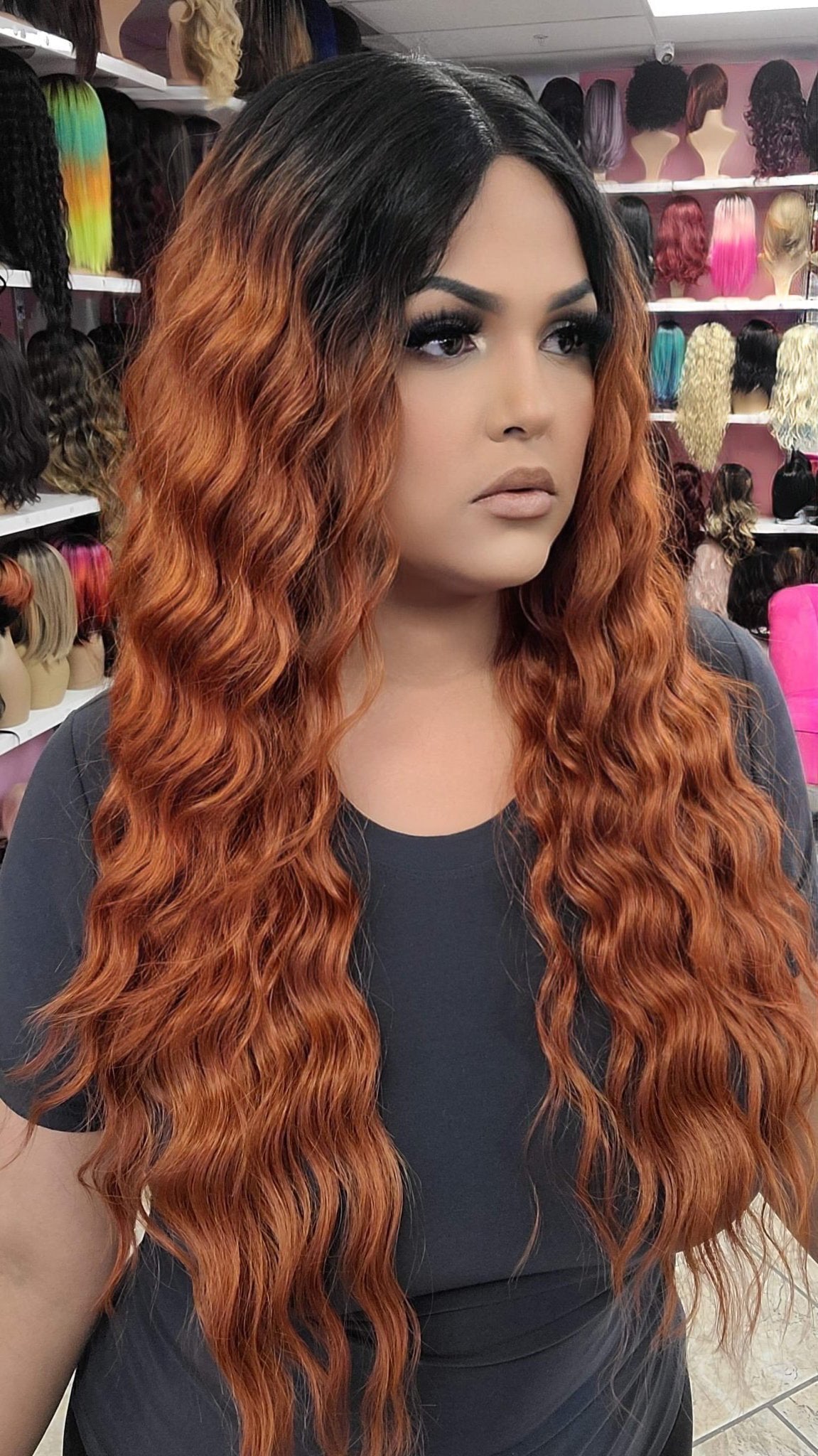 #144 Brittney - Middle Part Lace Front Wig Human Hair Blend- COPPER