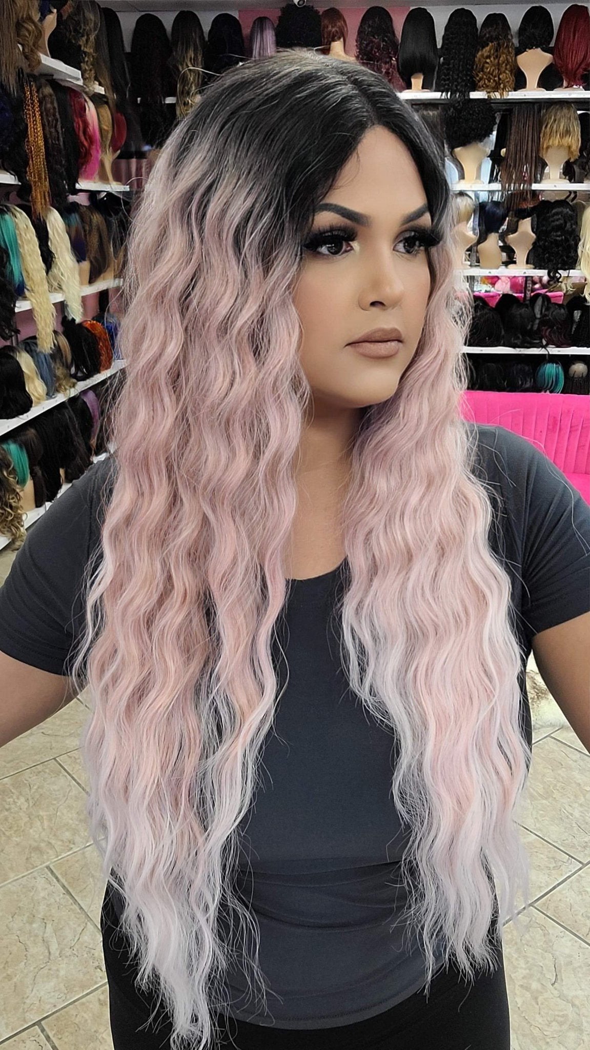 Pre-Order Brittney - Middle Part Lace Front Wig Human Hair Blend-  PINK