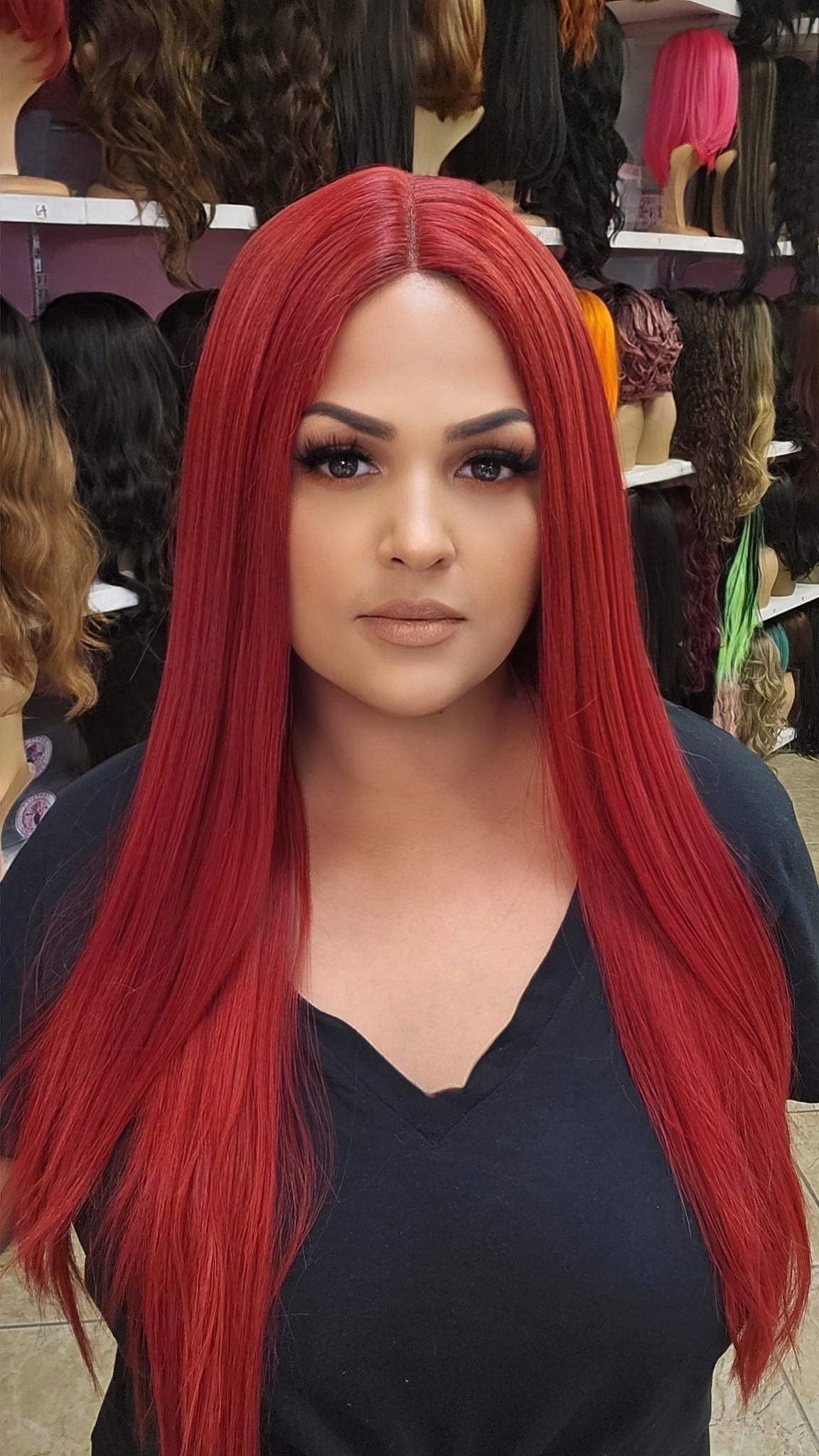 #124 Ivy-Middle Part No Lace Front Wig Human Hair Blend-SUNSET RED